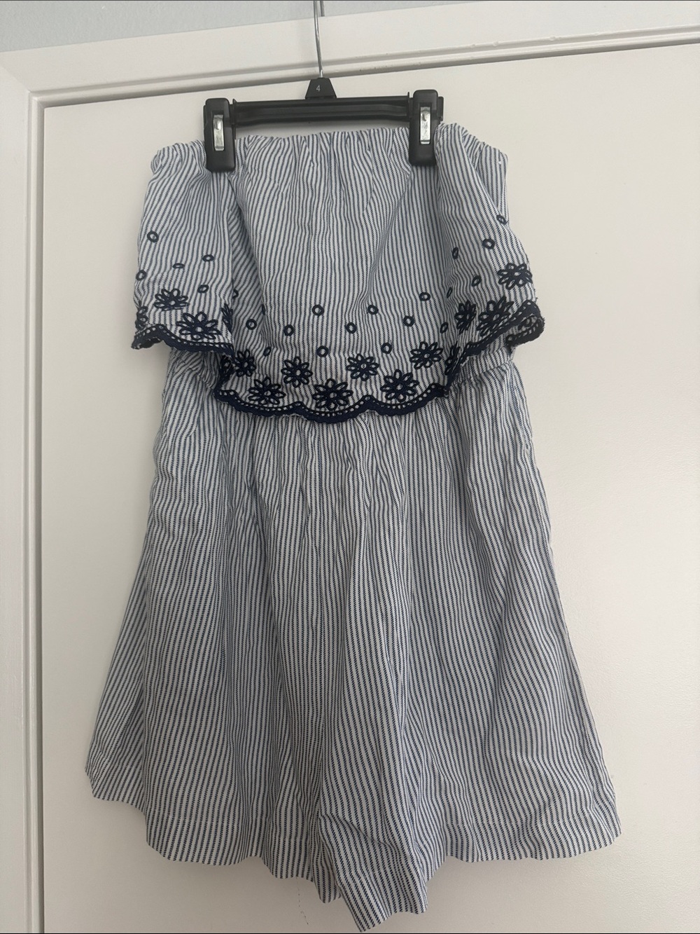 Jessica Simpson Blue & White Striped Off-Shoulder Romper with Navy Floral Trim